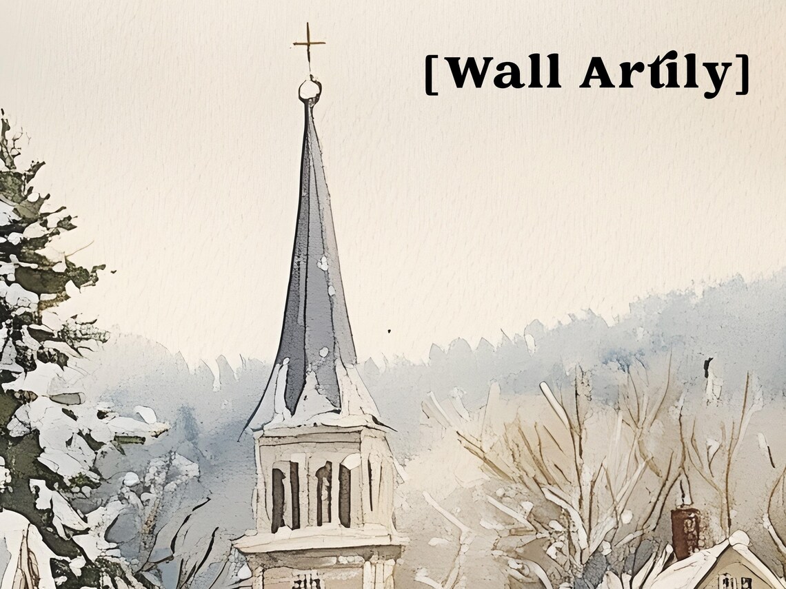 Snowy Village Street With Church And Houses Winter Watercolor Poster - Image 5