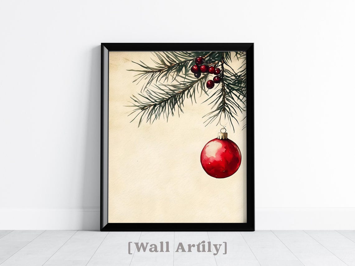 Red Christmas Ornament Hanging From Pine Branch Watercolor Poster - Image 6