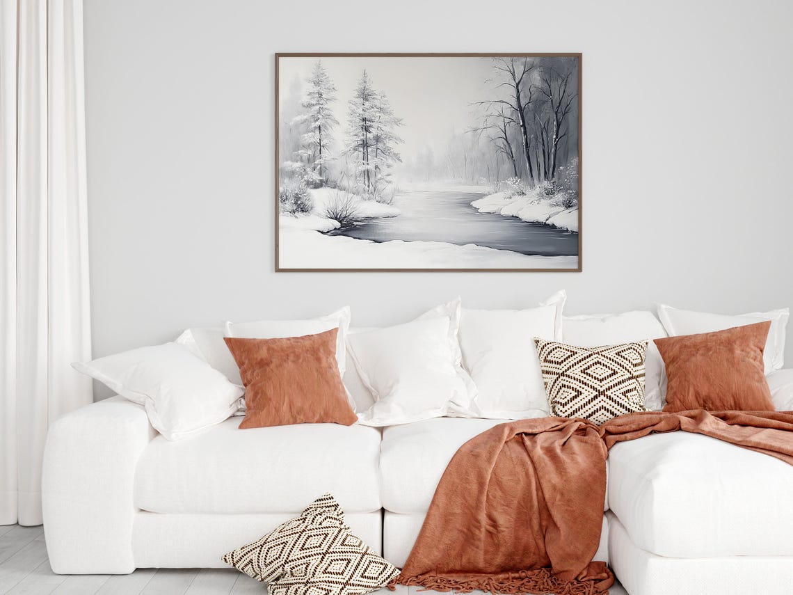 Monochrome Winter River Misty Trees Snowy Landscape Art Poster - Image 4