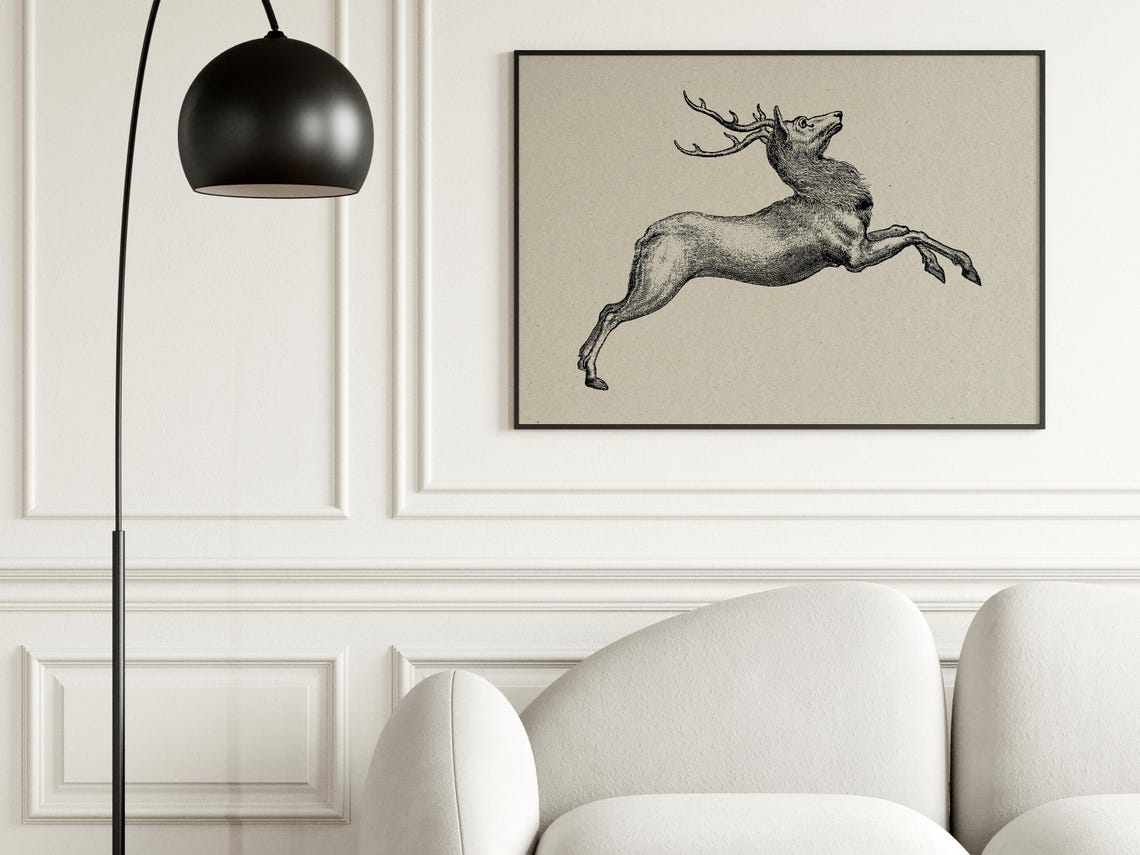 Vintage Leaping Stag with Antlers Classic Wildlife Engraving Poster - Image 7