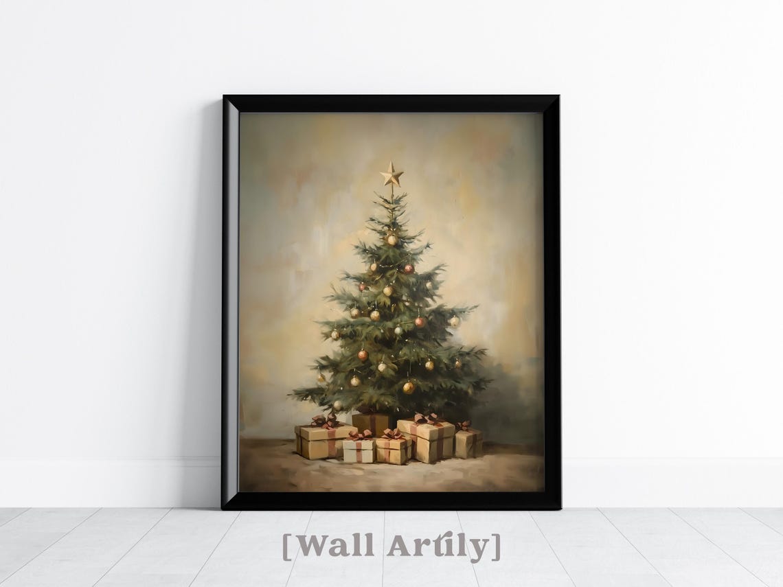 Vintage Christmas Tree Presents Oil Painting Holiday Decor Poster - Image 2