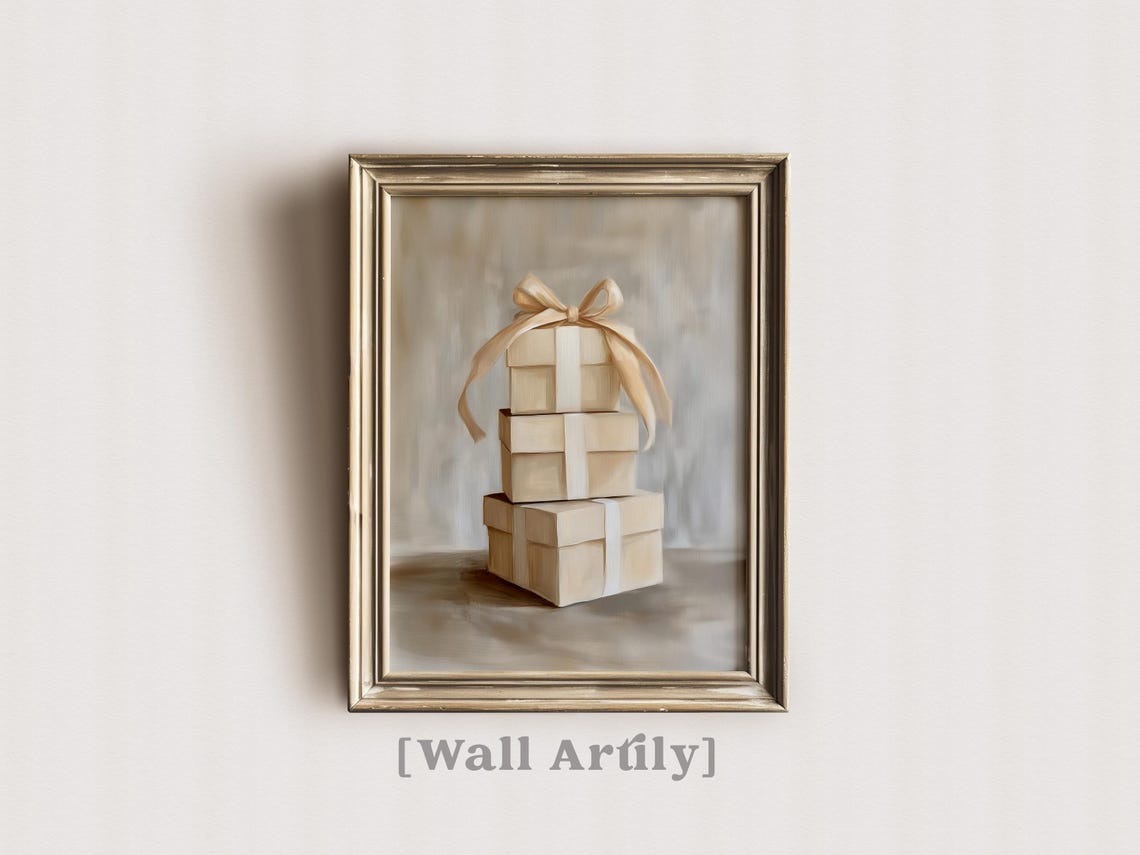Beige Gift Box with Champagne Satin Bow Elegant Painterly Poster - Image 4