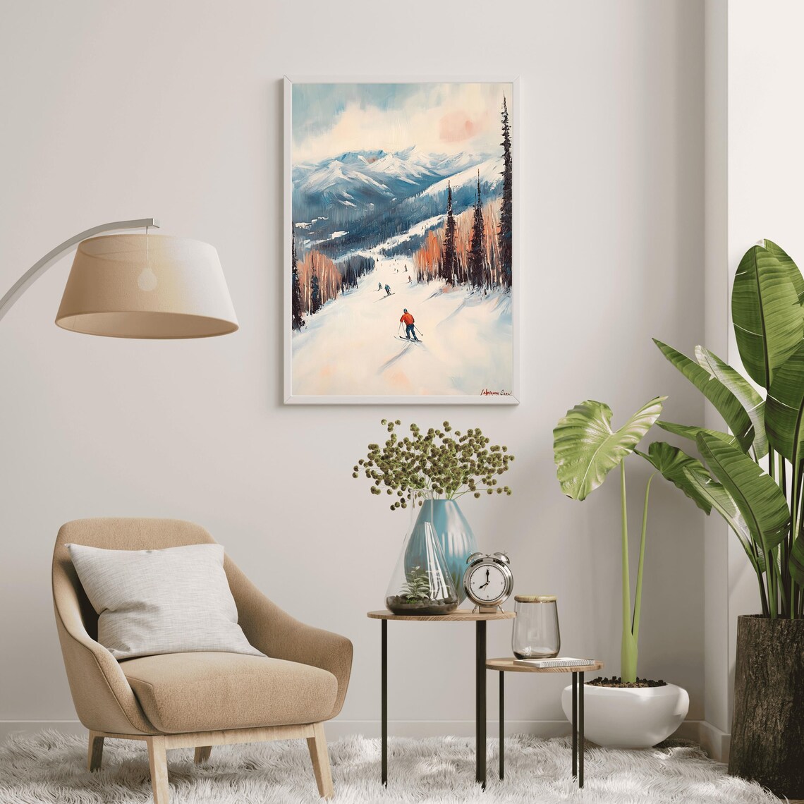 Vintage Ski Slope Mountain Winter Skiers Landscape Art Poster - Image 7