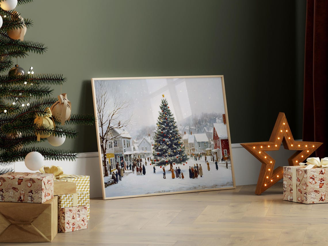 Snowy Village Square Giant Christmas Tree Vintage Holiday Poster - Image 7
