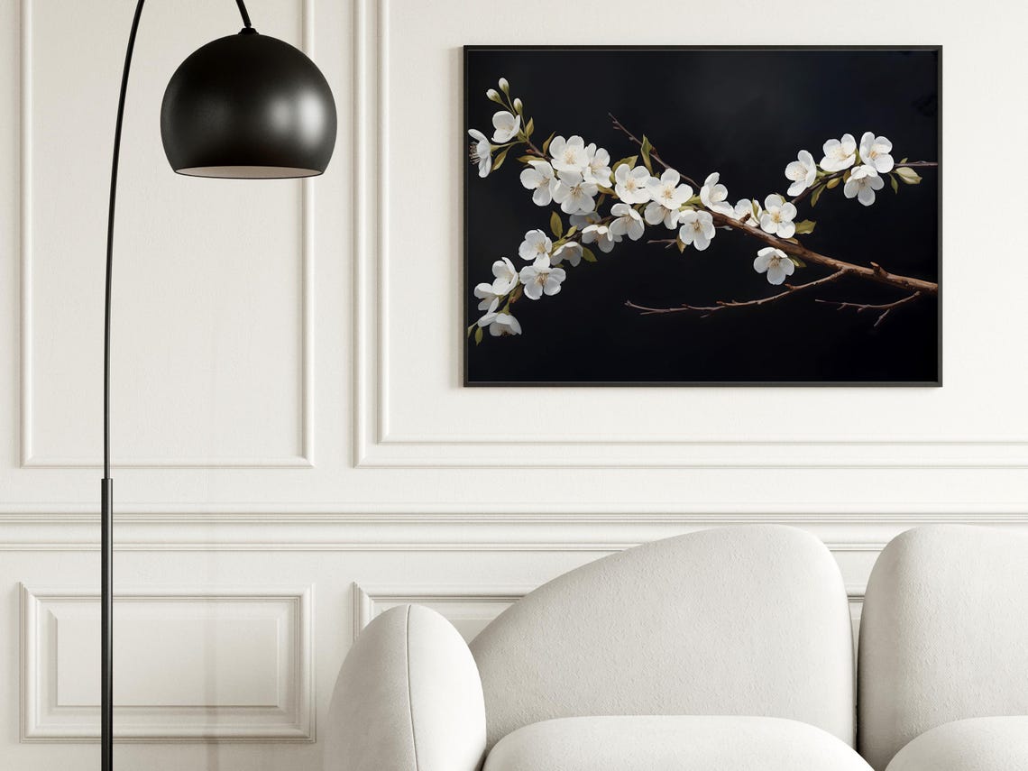 White Cherry Blossom Moody Black Background Floral Art Poster - Image 7