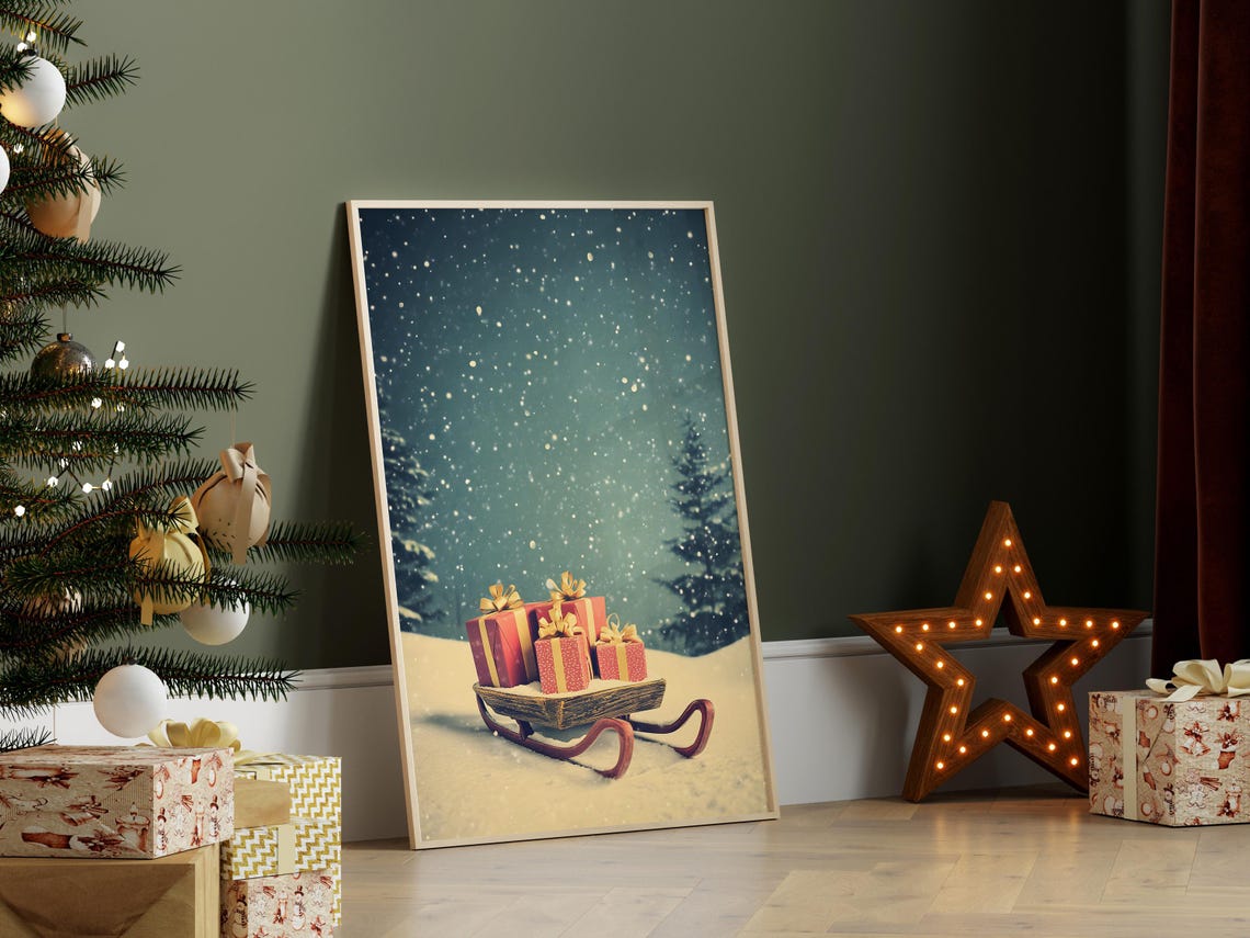 Antique Wooden Sleigh Red Gifts Snowfall Christmas Night Poster - Image 7
