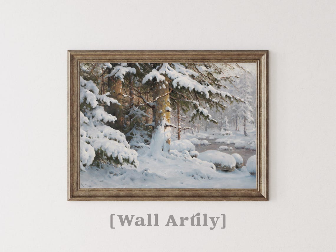 Snowy Pine Trees By A Winter River Realistic Painting Poster - Image 2