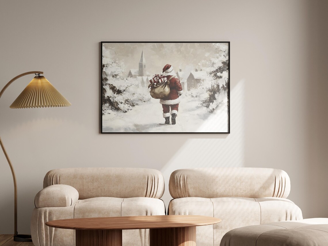 Santa Claus Carrying Gifts Into Snowy Village Winter Scene Poster - Image 6