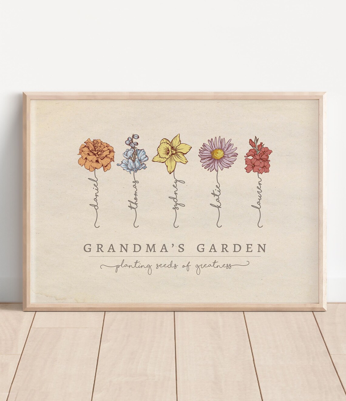 Custom Grandma Gift Personalized Birth Month Flower Garden Art Print Grandparent Gift W Grandchildren Names Granny Mom Nana Birthday Gift