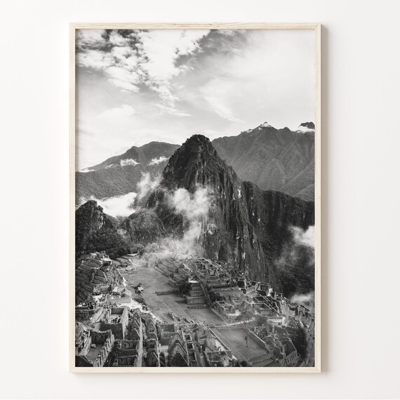 Peru Machu Picchu Misty Morning Ruins Black And White Photo Print