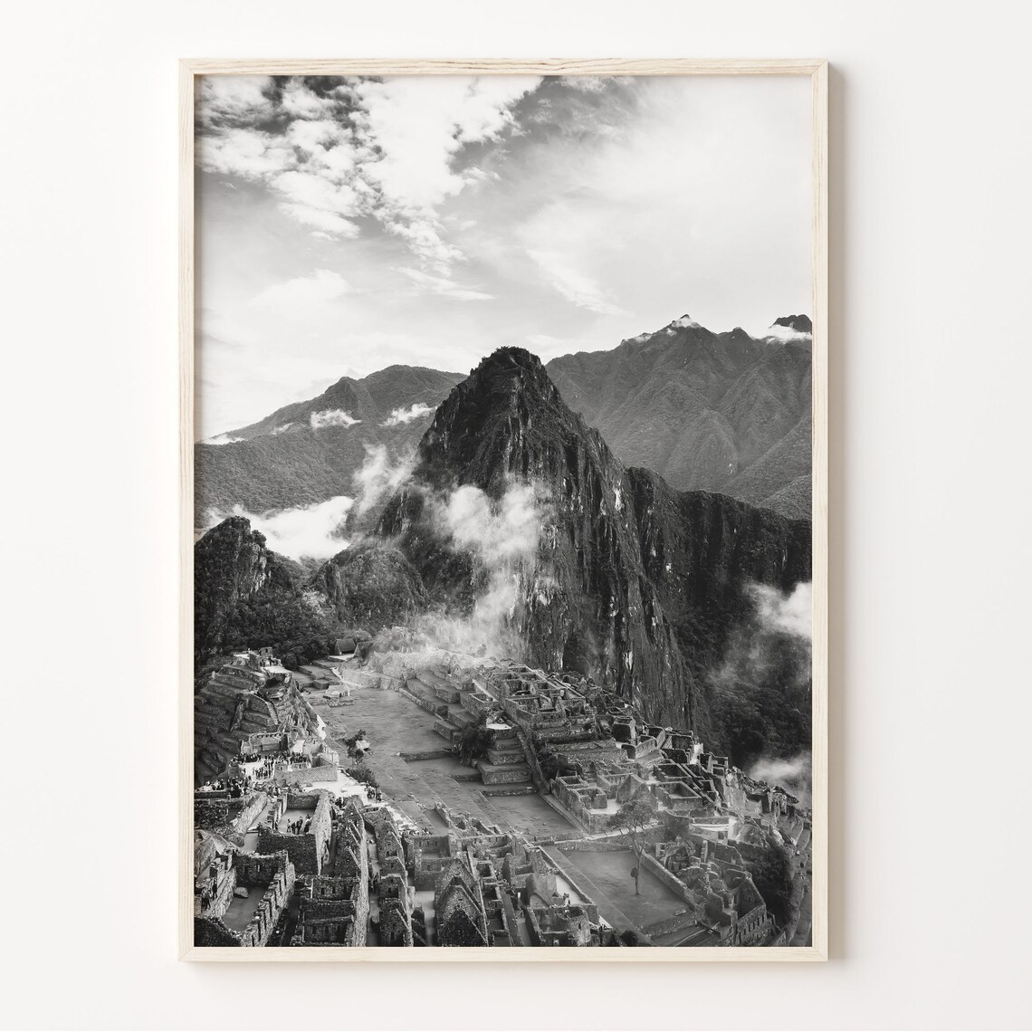 Peru Machu Picchu Misty Morning Ruins Black And White Photo Print