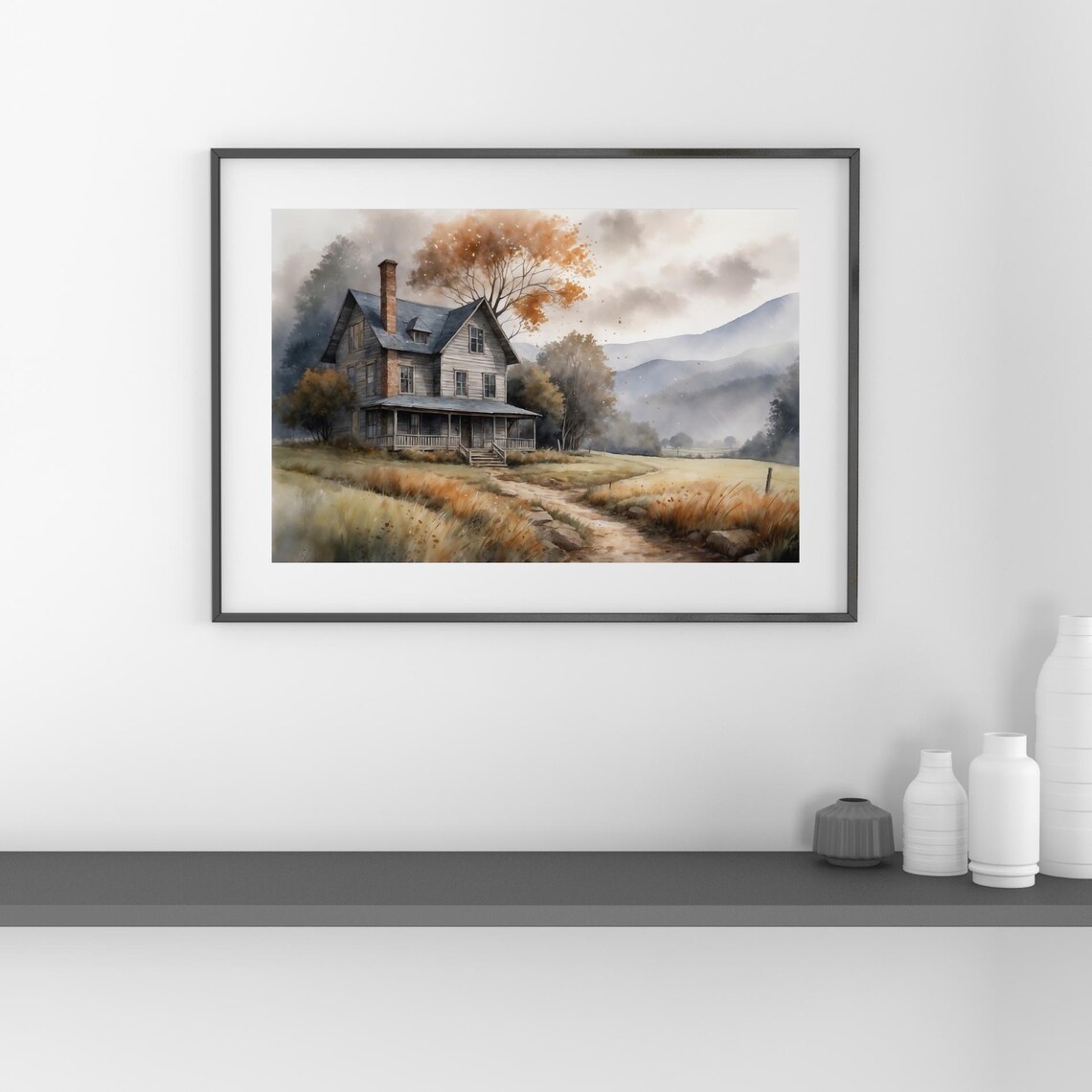 Old Farmhouse Watercolor in Misty Autumn Field Landscape Art Poster - Image 2