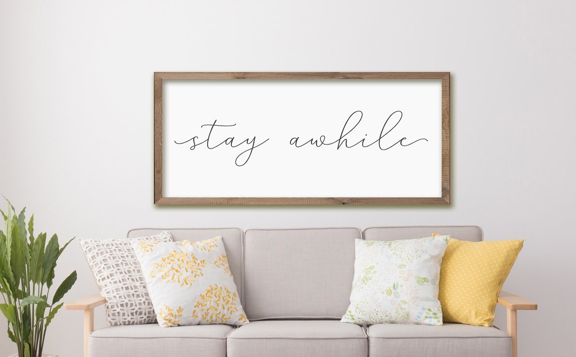 Stay Awhile Script Sign Black Frame Living Room Wall Sign Poster - Image 3