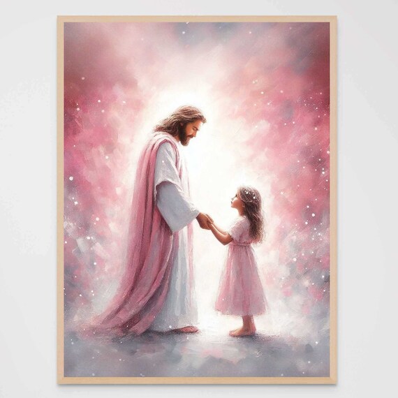 Jesus Holding Little Girl's Hand Under Starry Pink Sky Poster