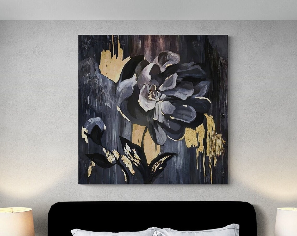 Dark Moody Bloom Gold Accents Dramatic Black Floral Wall Poster - Image 3