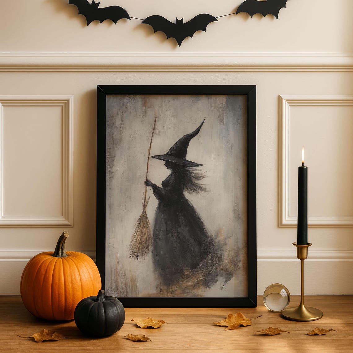 Vintage Witch Broom Moody Neutral Painting Halloween Art Poster