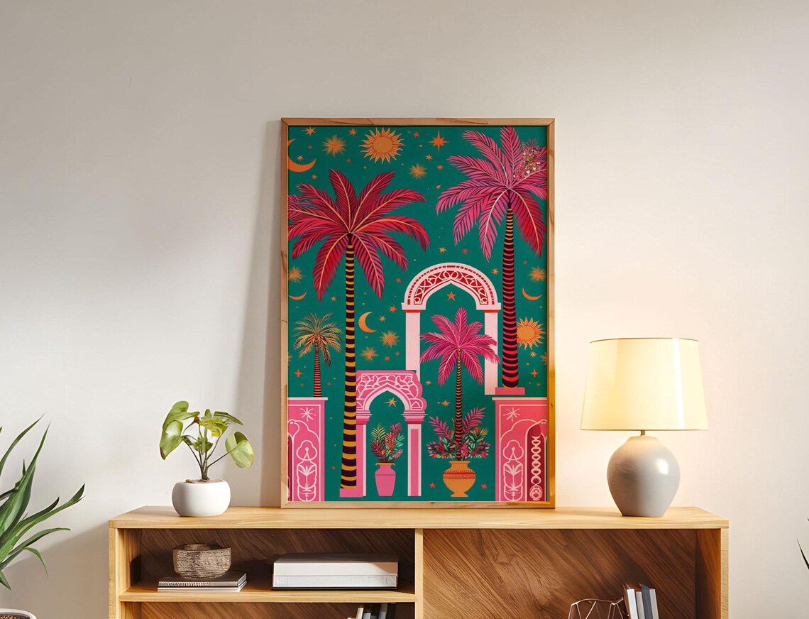 Retro Palms Tropical Art Print, Luxury Pine Wood Frame - Image 4