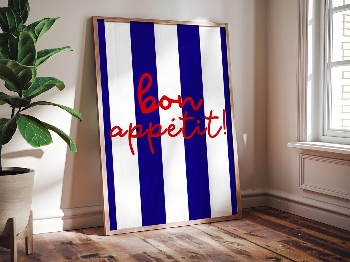 Bon Appetit Blue White Striped French Kitchen Retro Bistro Poster