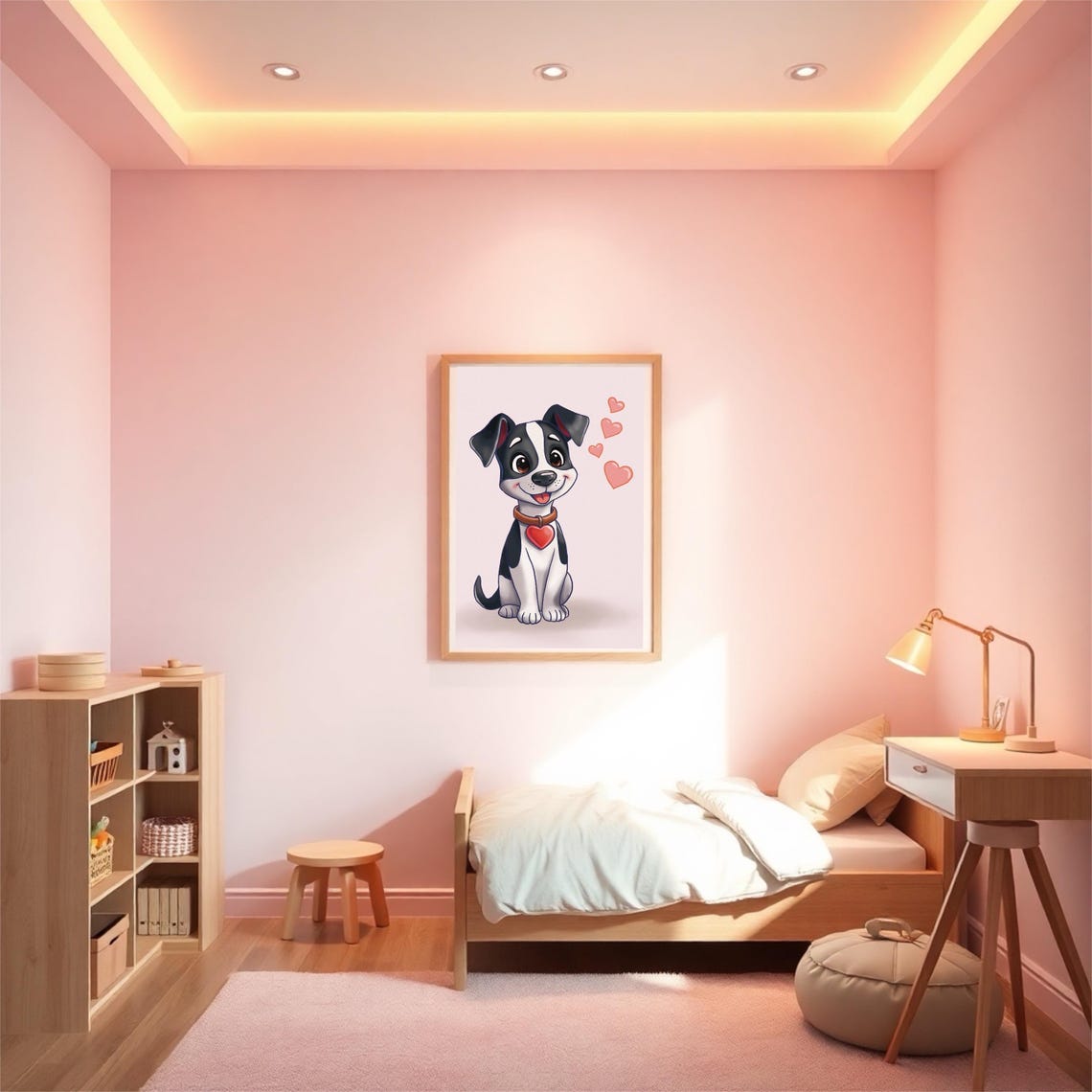 Black and White Puppy With Red Heart Collar Cartoon Love Poster - Image 2