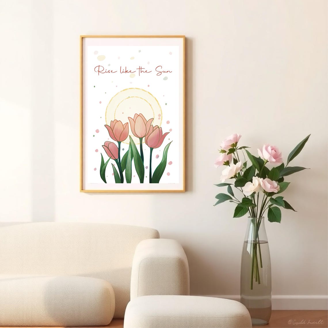 Rise Like The Sun Quote With Pink Tulips And Golden Sun Art Print