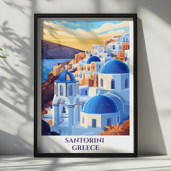 Santorini Greece Travel Poster Greek Island Wall Art Blue Dome Church Print