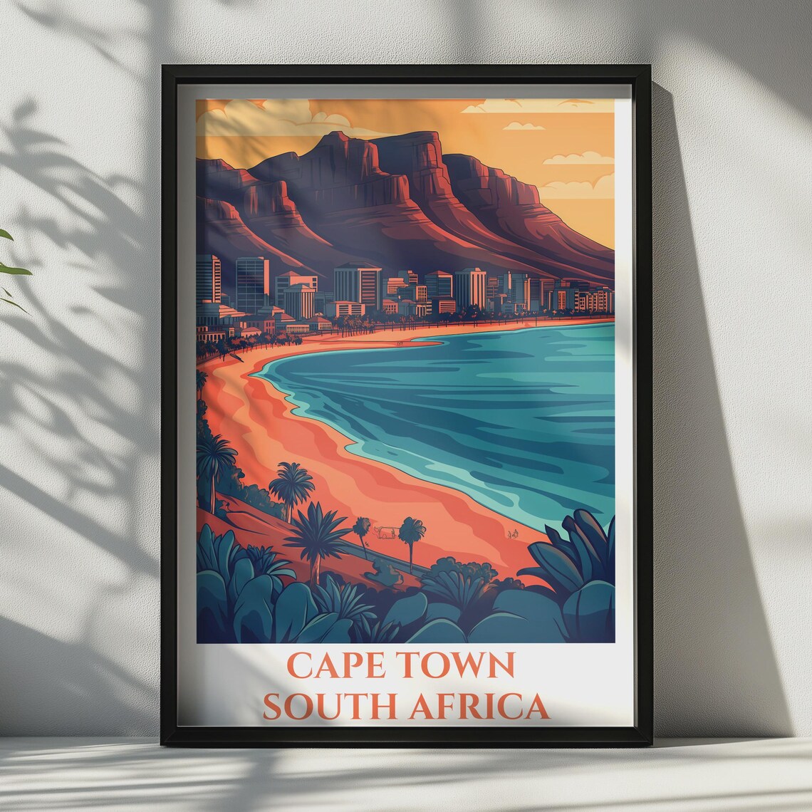 Cape Town South Africa Table Mountain Beach Sunset Vintage Travel Poster