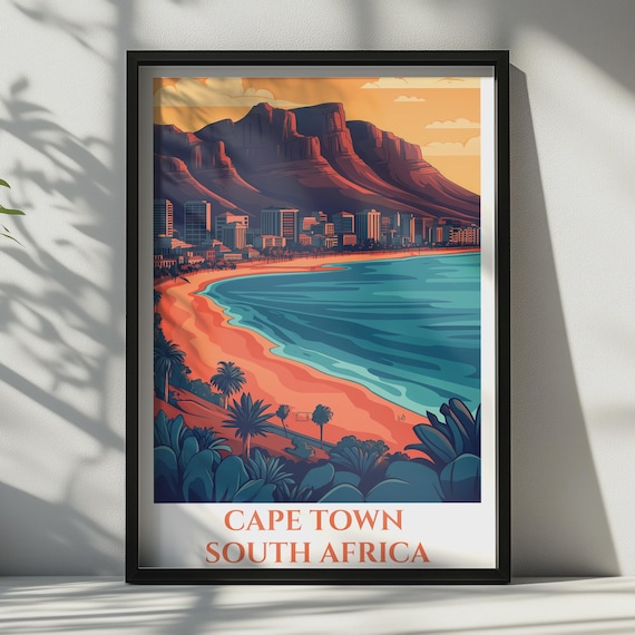 Cape Town Travel Poster South Africa Wall Art Table Mountain Print City Beach Decor
