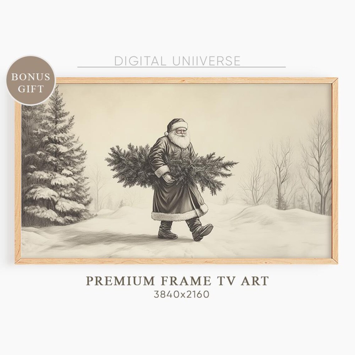 Vintage Sepia Santa Carrying Christmas Tree Through Snow Poster