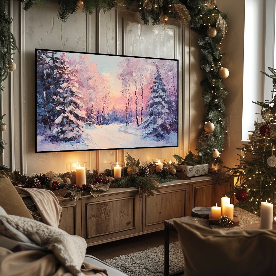 Snowy Pine Forest Path Pink Sunset Glowing Winter Landscape Poster - Image 5