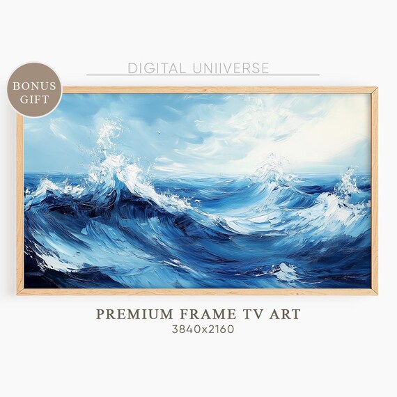 Dramatic Blue Ocean Waves Crashing Stormy Sea Painting Wall Art