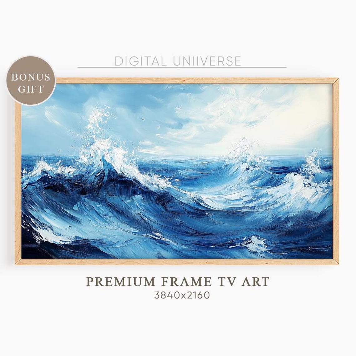 Dramatic Blue Ocean Waves Crashing Stormy Sea Painting Wall Art