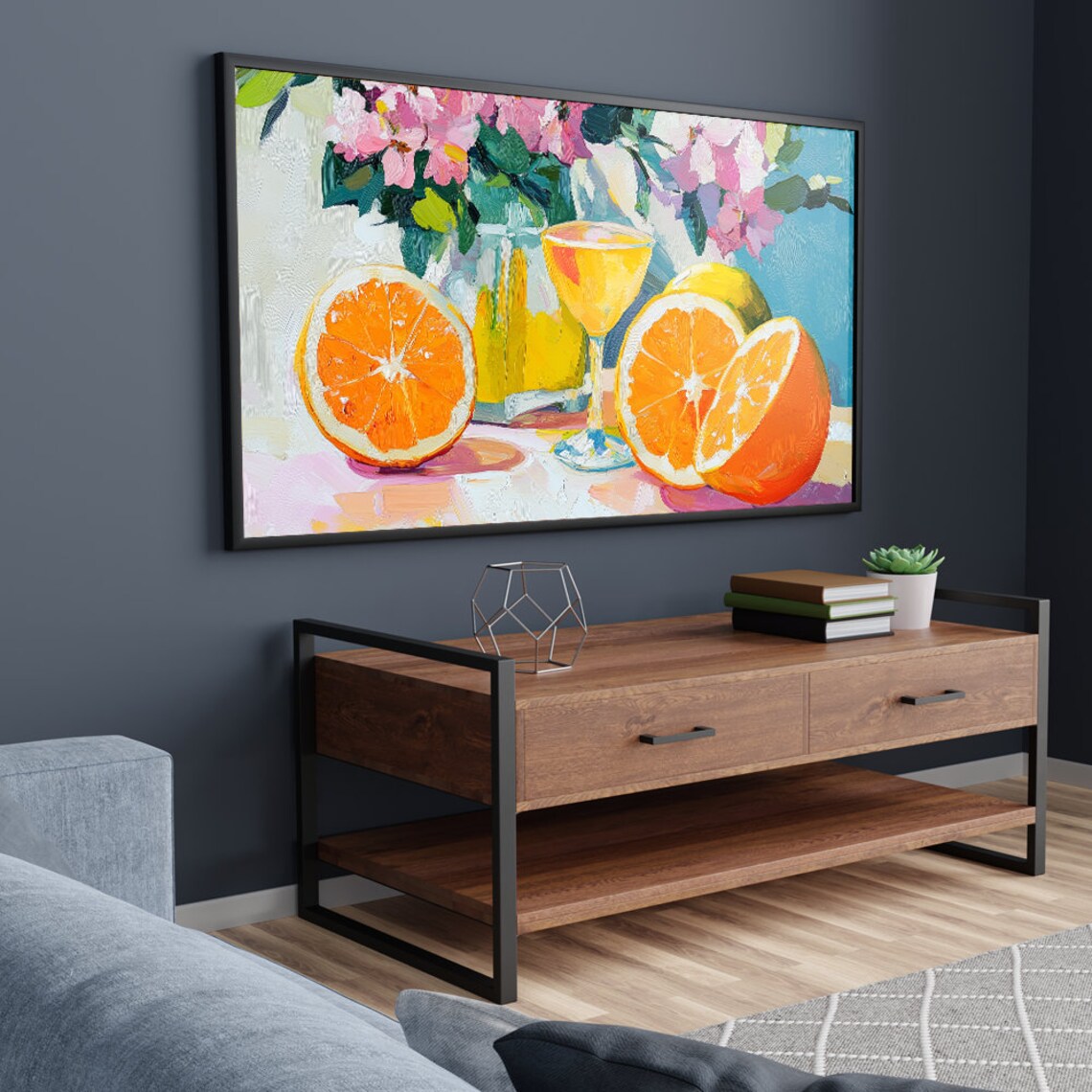 Sliced Oranges Cocktail Glass Flowers Impasto Still Life Painting Poster - Image 5