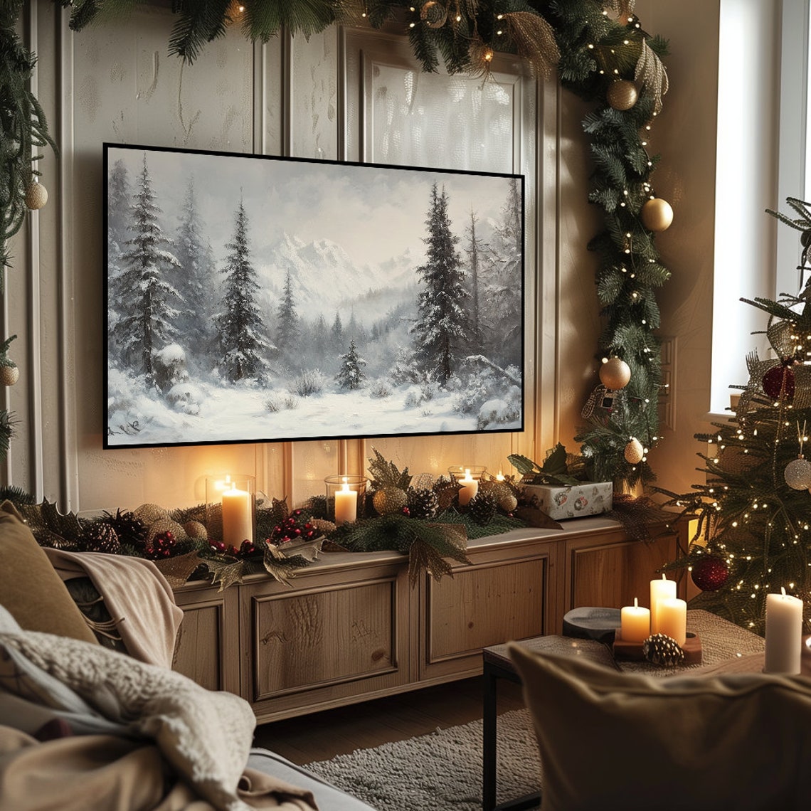 Snowy Mountain Forest with Towering Pines Winter Landscape Wall Art - Image 5