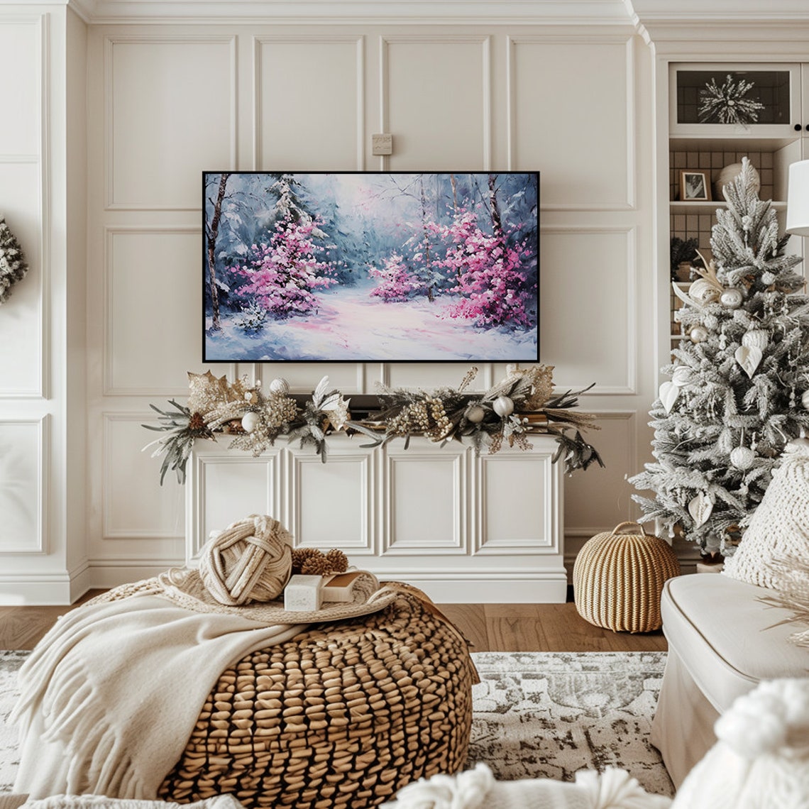Pink Blossom Bushes Snowy Forest Path Spring Winter Painting Poster - Image 7