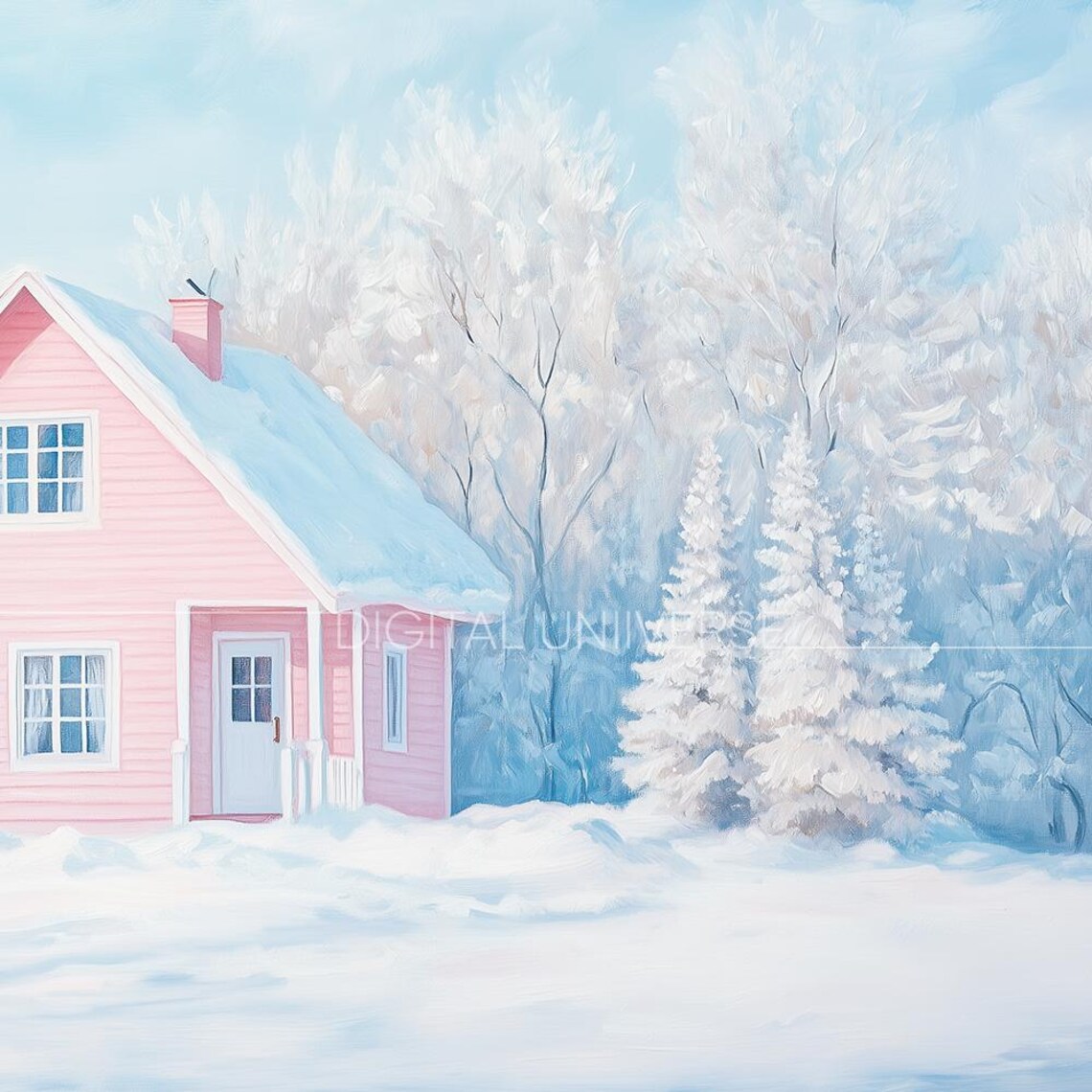 Pink Cottage in Snowy Winter Wonderland Dreamy Landscape Wall Art - Image 3