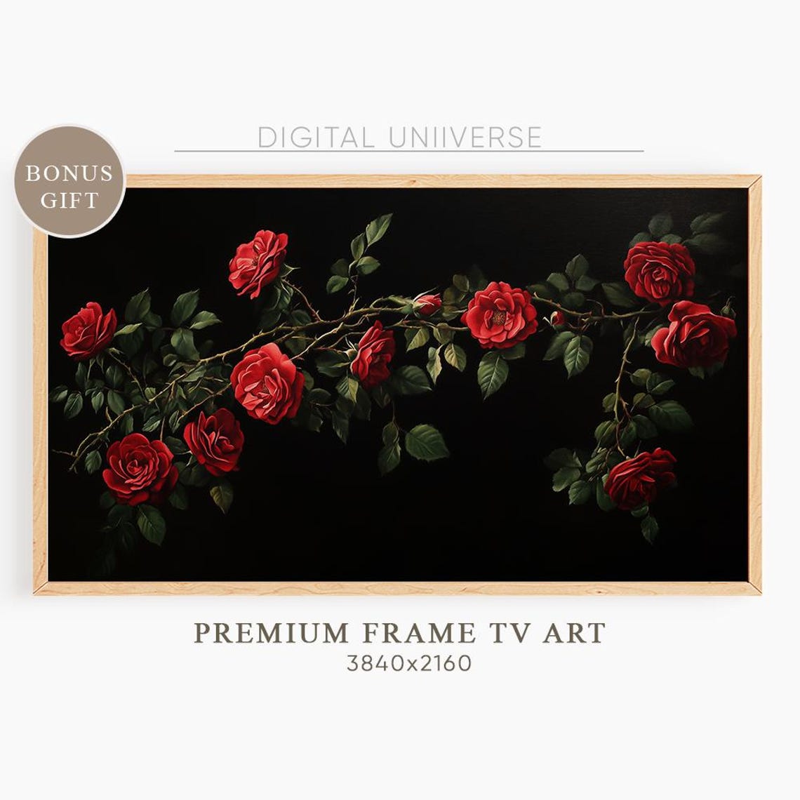 Dramatic Red Rose Garland on Black Moody Botanical Art Wall Art