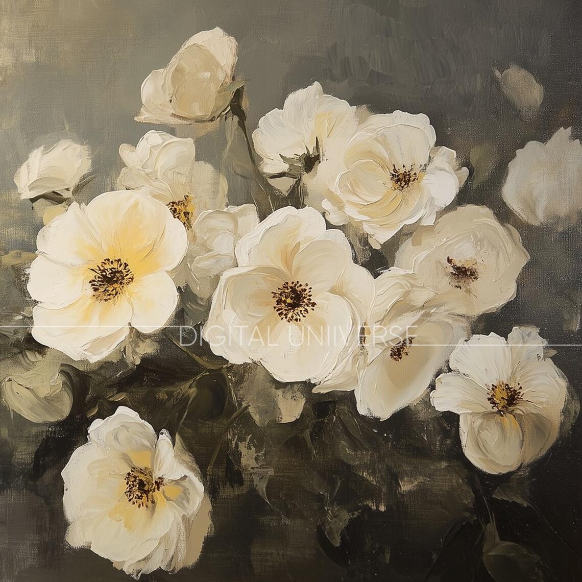 White Anemones on Dark Gray Moody Vintage Floral Painting Wall Art - Image 3