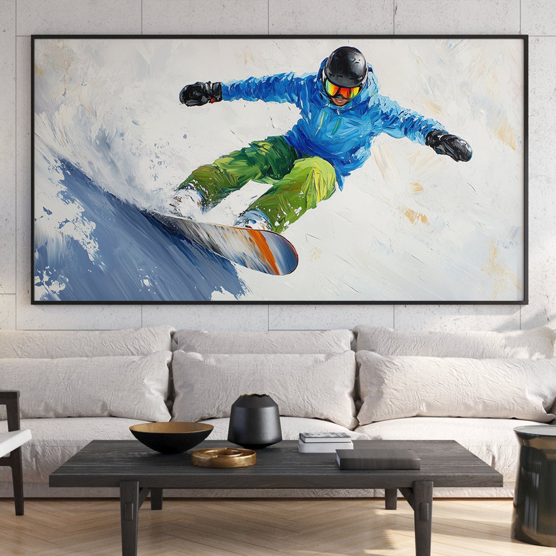 Oil Painting Winter Frame Tv Art Frame Tv Art Colorful Christmas Tv Art Ski Snow Painting For Tv A Snowboarder In A Blue Jacket - Image 6