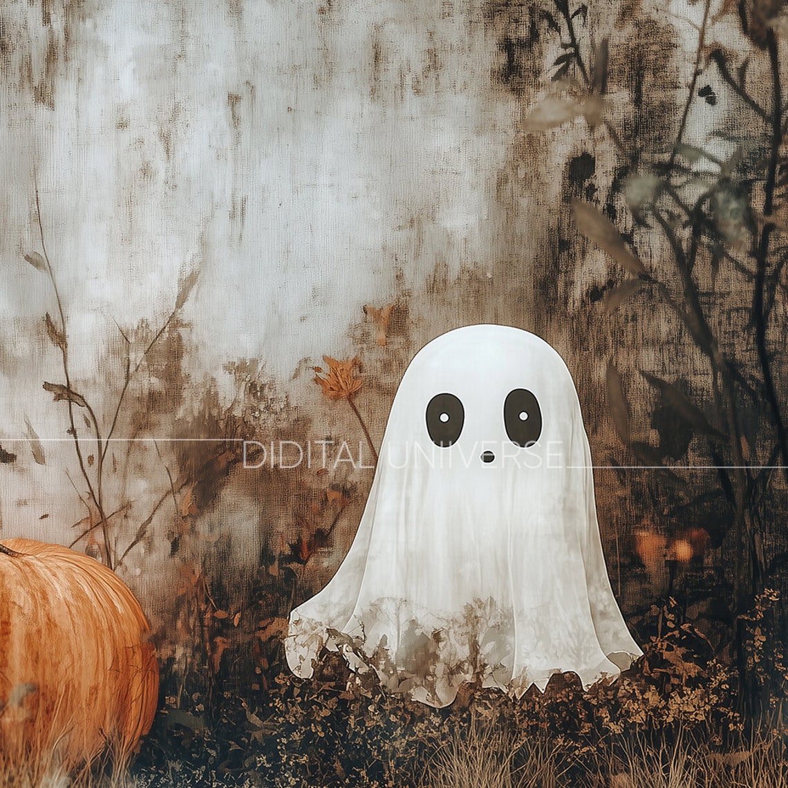 Cute Ghost and Pumpkin in Misty Autumn Forest Halloween Poster - Image 4