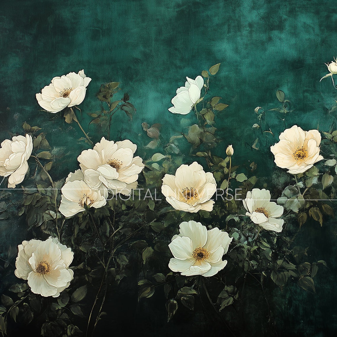 White Wild Roses on Dark Teal Moody Botanical Oil Painting Wall Art - Image 4