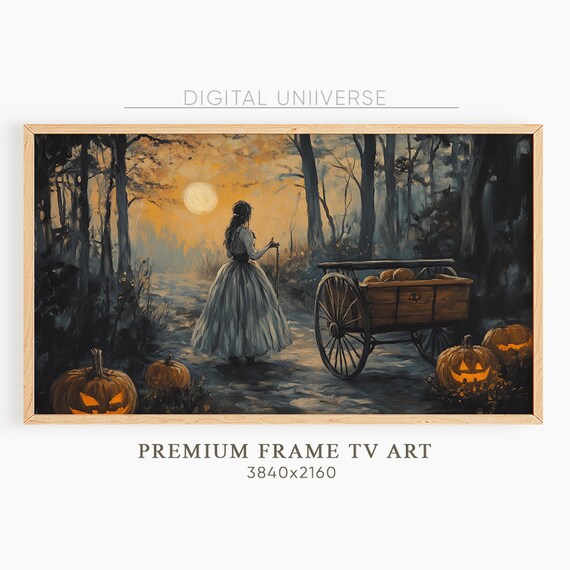 Woman Gray Gown Pumpkin Cart Moonlit Forest Jack O Lanterns Poster