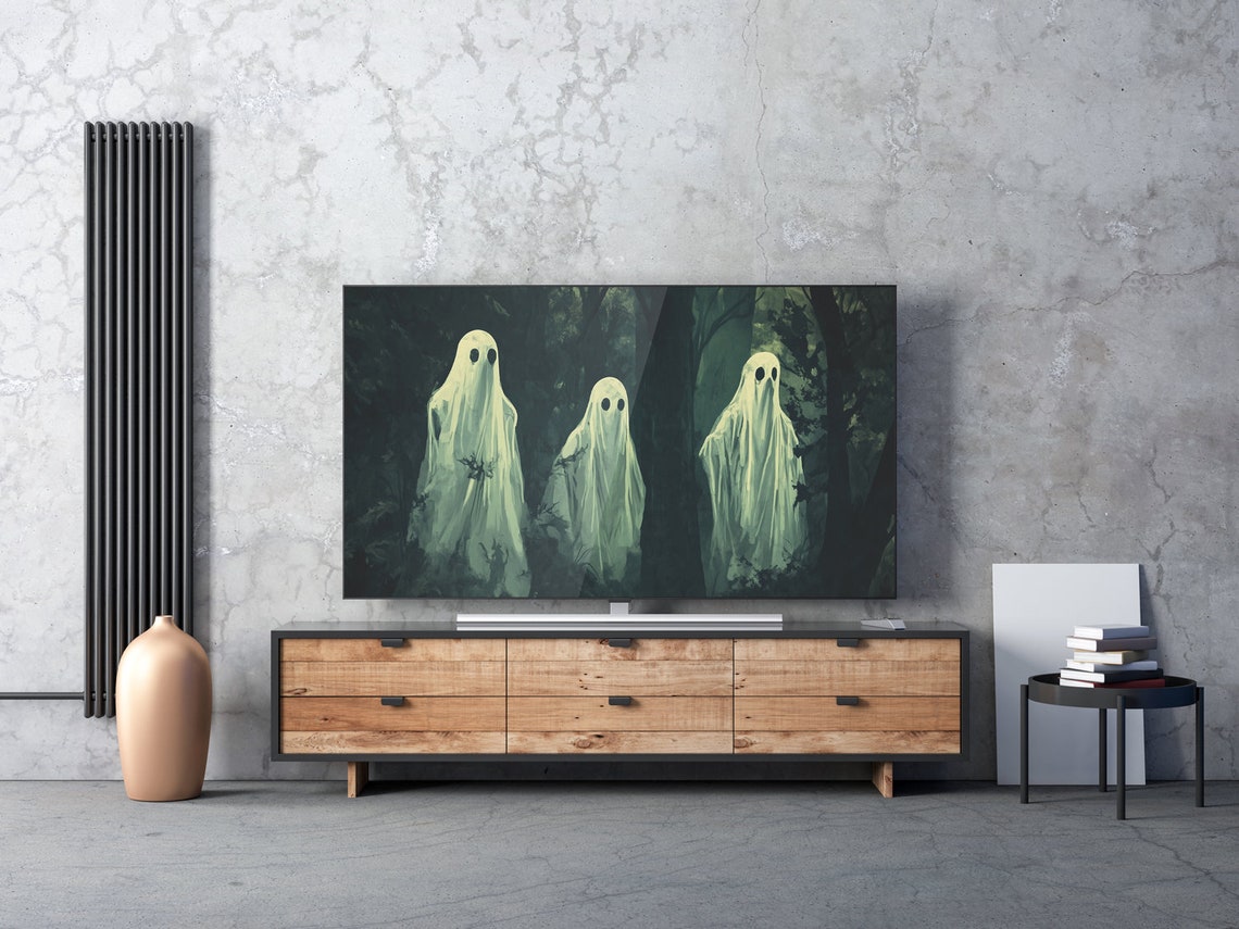 Three White Ghosts Dark Forest Moody Spooky Halloween Painting Poster - Image 6