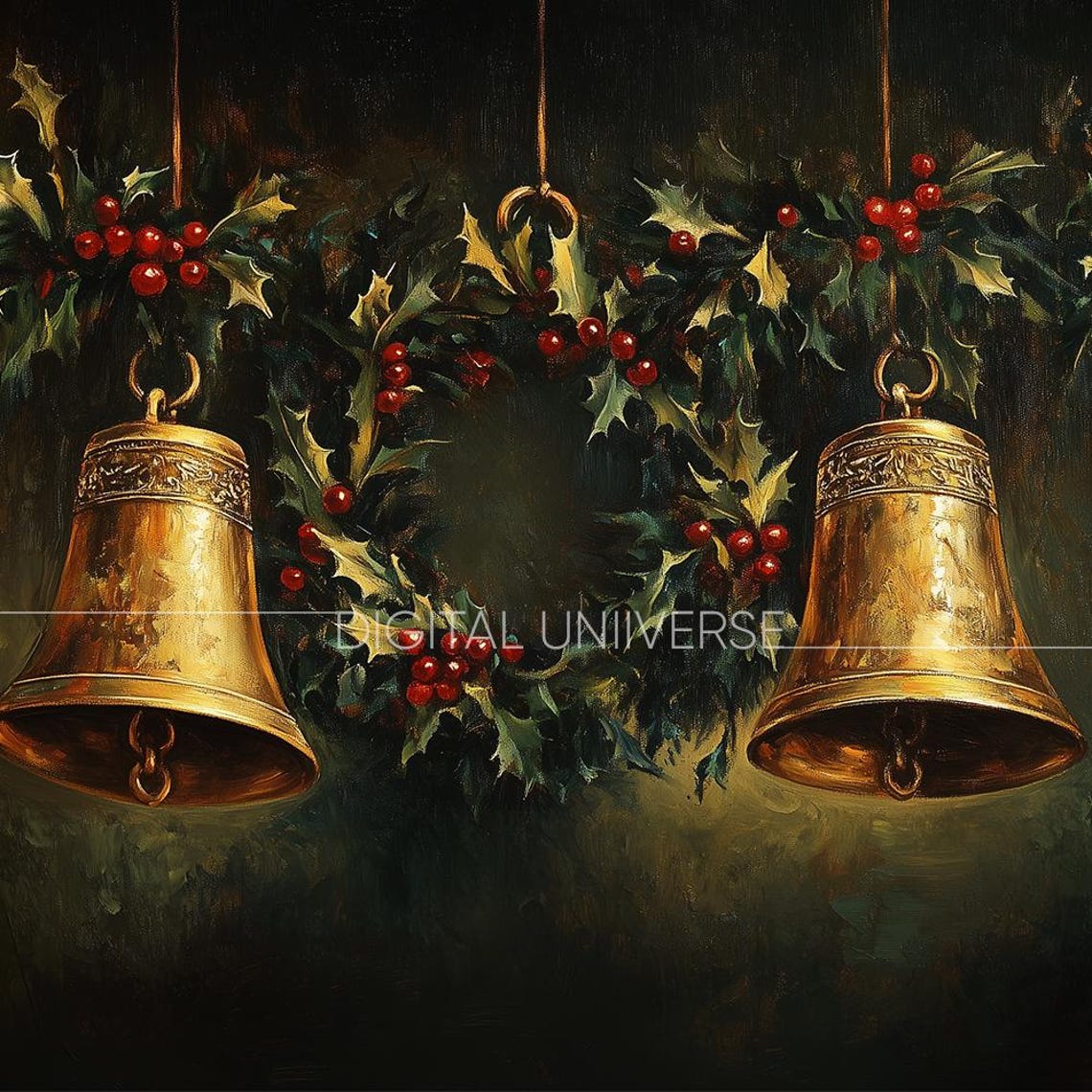 Four Golden Brass Bells with Holly Vintage Christmas Decor Poster - Image 3