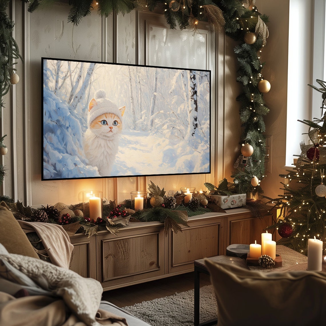 Cute White Kitten Knit Hat Snowy Winter Forest Painting Poster - Image 5