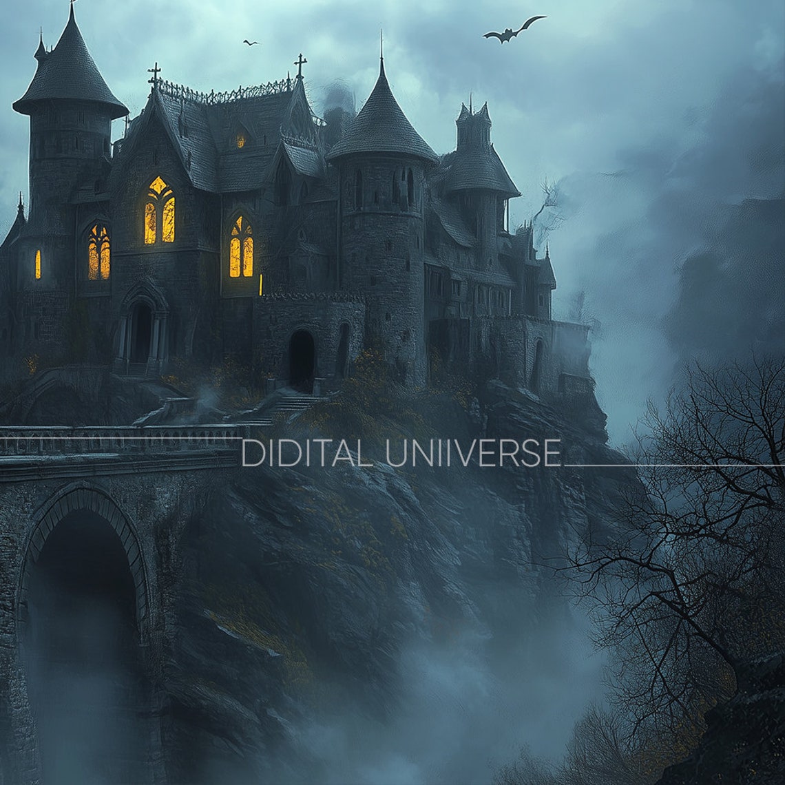 Gothic Haunted Castle on Cliff Moody Nightmare Halloween Wall Art - Image 3
