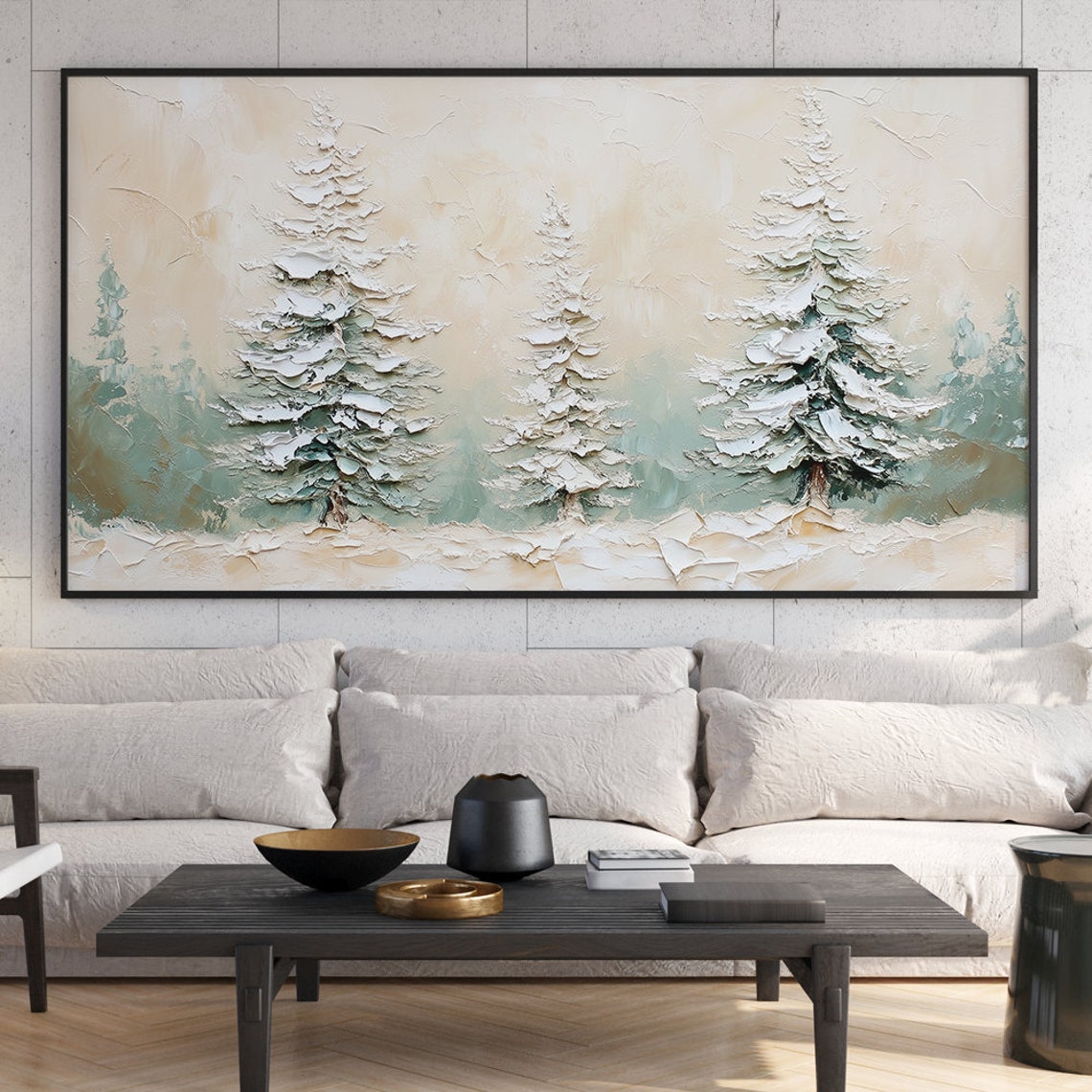 Snow Covered Pines Textured Impasto Winter Evergreen Trees Wall Art - Image 5