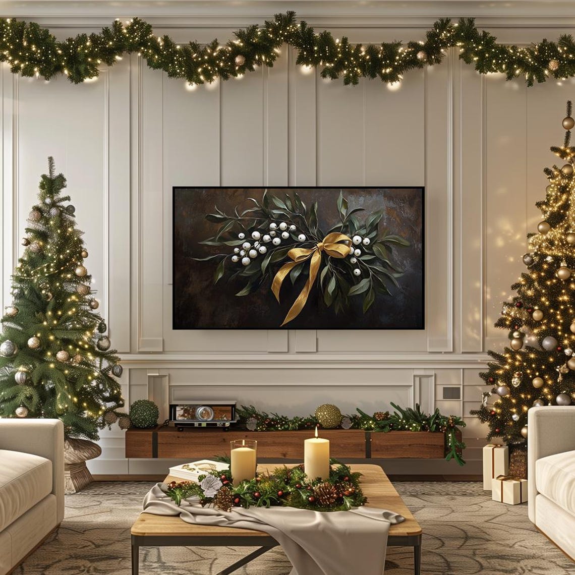 Mistletoe Berry Bouquet with Gold Bow Dark Christmas Botanical Poster - Image 5