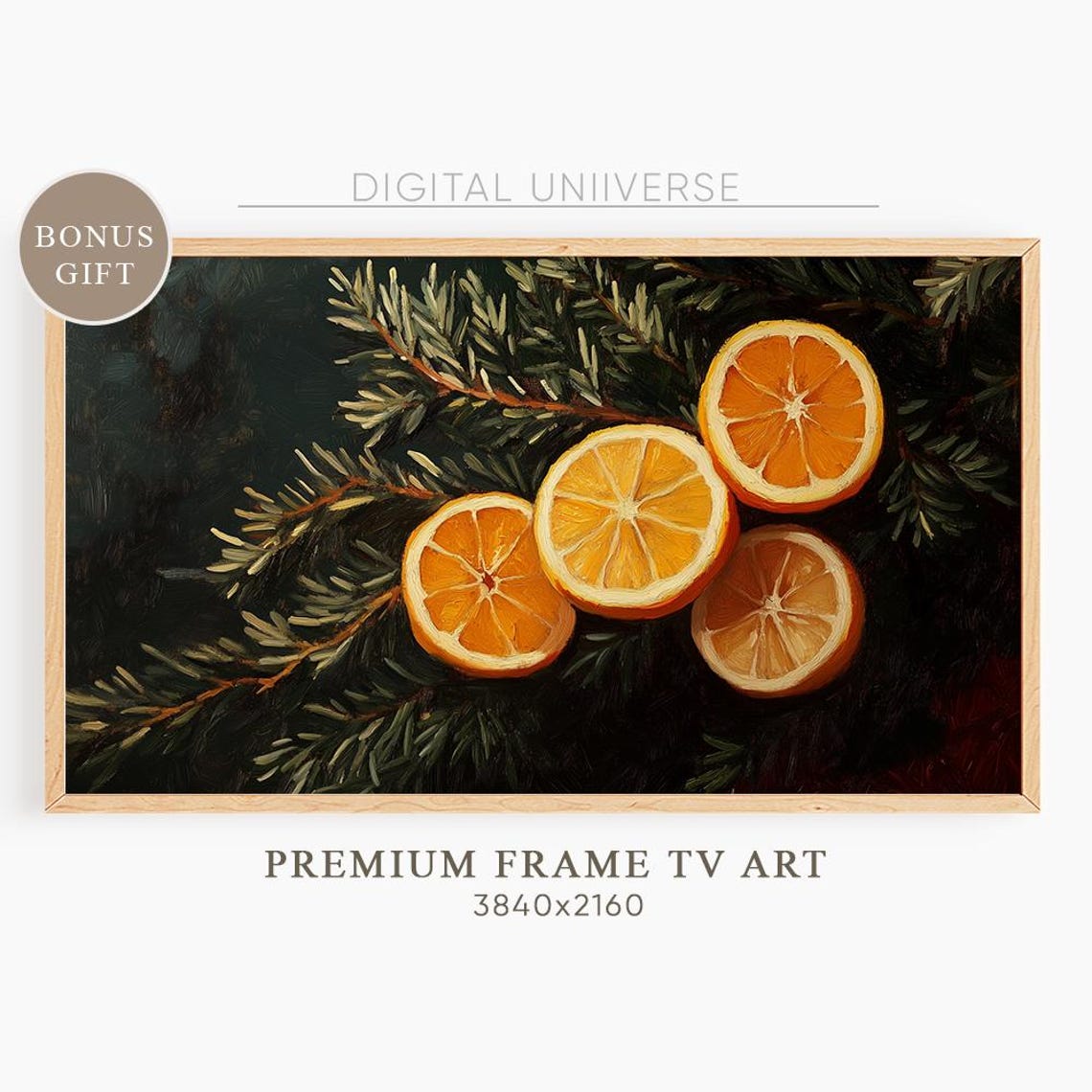 Dried Orange Slices on Pine Branches Dark Vintage Botanical Wall Art