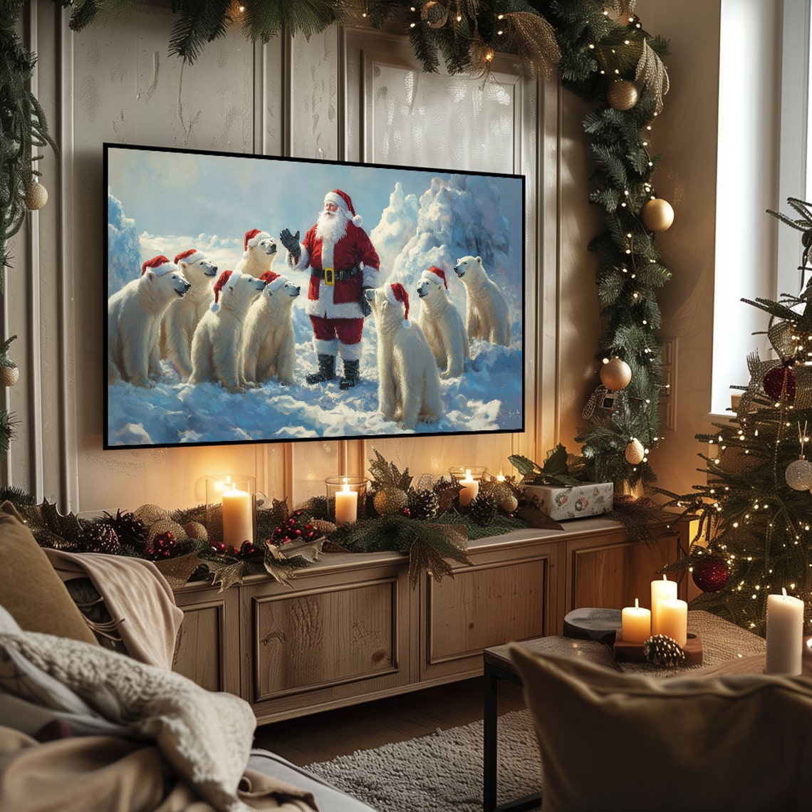 Santa Claus Polar Bears Santa Hats Snowy Arctic Christmas Poster - Image 5