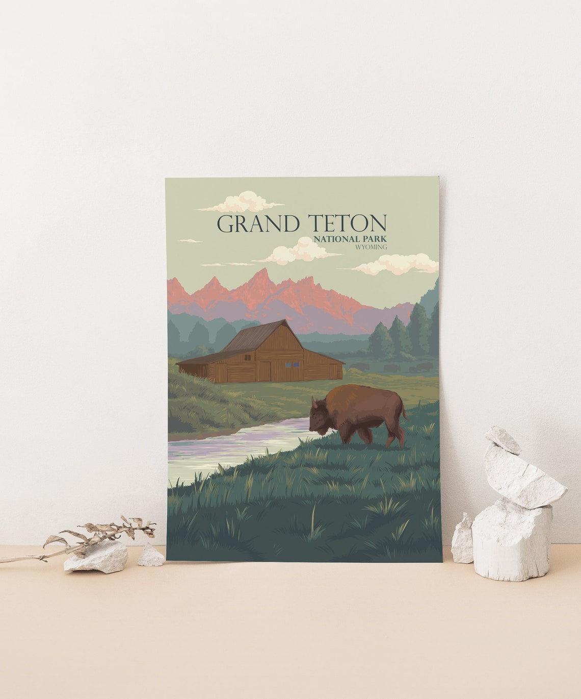 Grand Teton National Park Wyoming Bison Barn Meadow Sunset Poster - Image 4